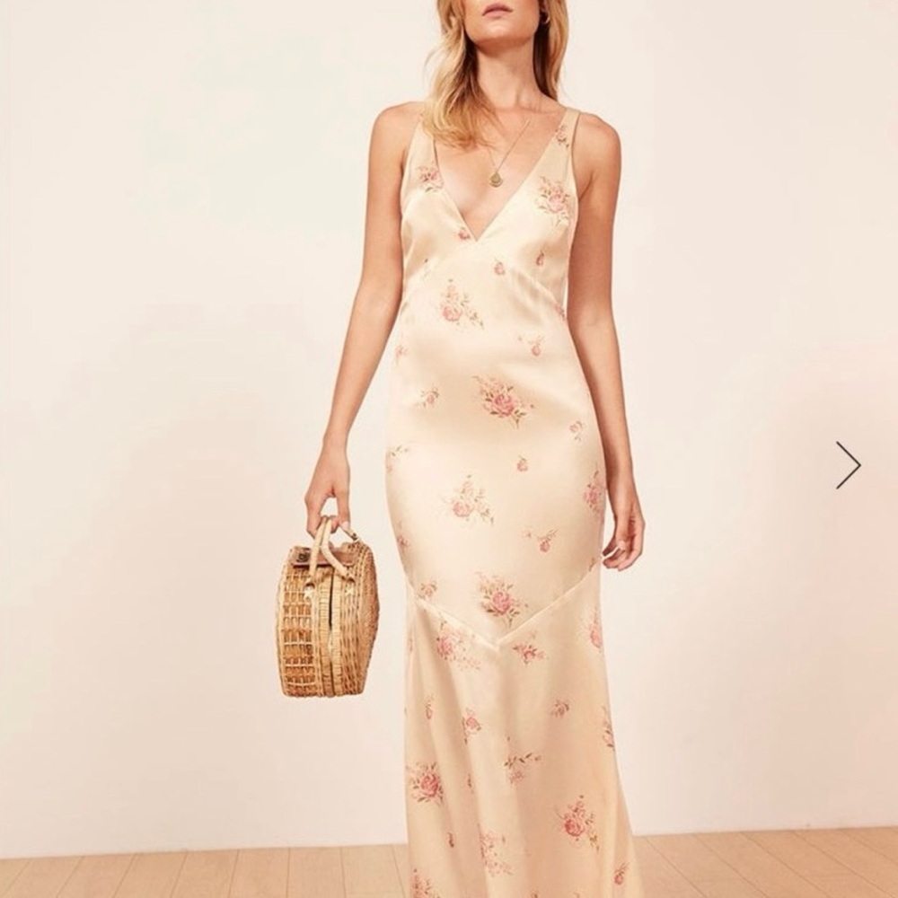 Reformation Malibu Blush Floral Midi Silk Dress
